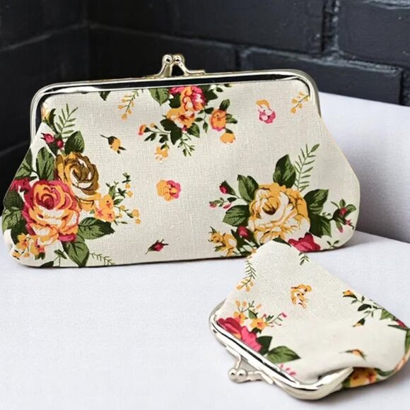 Vintage Floral Rose Coin Purse Set – Elegant 2-Piece Canvas Kiss Lock Clutch Duo - Picture 2 of 6